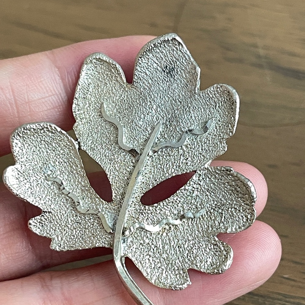 Vintage Signed BSK Brooch Pin Silver Tone Textured Leaf